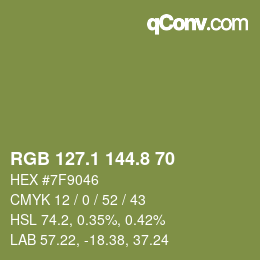 Color code: RGB 127.1 144.8 70 | qconv.com