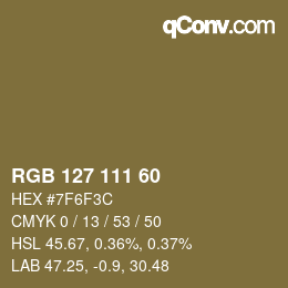 Color code: RGB 127 111 60 | qconv.com