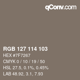 Color code: RGB 127 114 103 | qconv.com