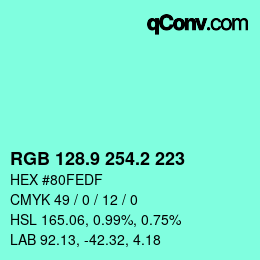 カラーコード: RGB 128.9 254.2 223 | qconv.com