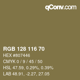 Color code: RGB 128 116 70 | qconv.com