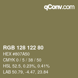 Color code: RGB 128 122 80 | qconv.com