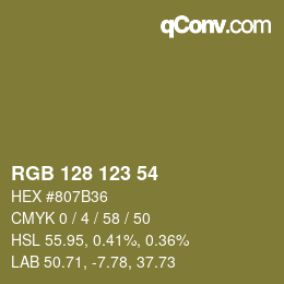 Color code: RGB 128 123 54 | qconv.com