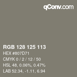 Color code: RGB 128 125 113 | qconv.com