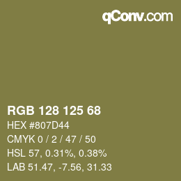 Color code: RGB 128 125 68 | qconv.com