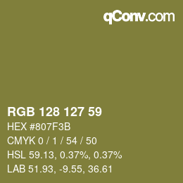 Color code: RGB 128 127 59 | qconv.com