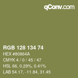 Color code: RGB 128 134 74 | qconv.com