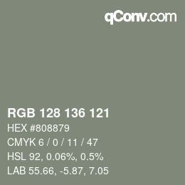 Color code: RGB 128 136 121 | qconv.com