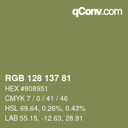 Color code: RGB 128 137 81 | qconv.com