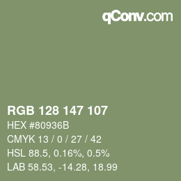 Color code: RGB 128 147 107 | qconv.com