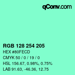 カラーコード: RGB 128 254 205 | qconv.com