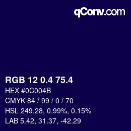 カラーコード: RGB 12 0.4 75.4 | qconv.com