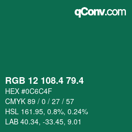 カラーコード: RGB 12 108.4 79.4 | qconv.com