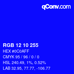 Color code: RGB 12 10 255 | qconv.com