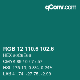 カラーコード: RGB 12 110.6 102.6 | qconv.com