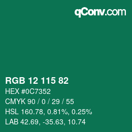 Color code: RGB 12 115 82 | qconv.com