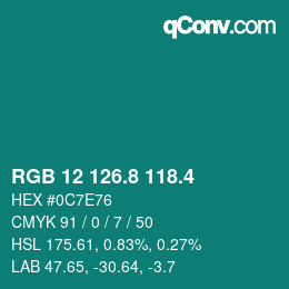 カラーコード: RGB 12 126.8 118.4 | qconv.com
