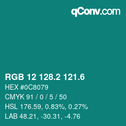 カラーコード: RGB 12 128.2 121.6 | qconv.com