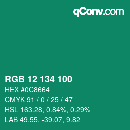 カラーコード: RGB 12 134 100 | qconv.com