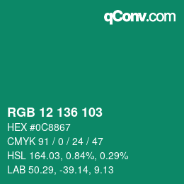 颜色代码: RGB 12 136 103 | qconv.com