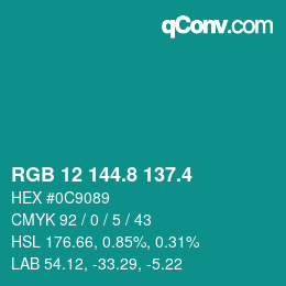 カラーコード: RGB 12 144.8 137.4 | qconv.com