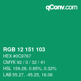 カラーコード: RGB 12 151 103 | qconv.com