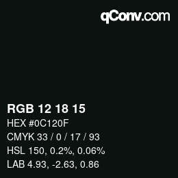 Color code: RGB 12 18 15 | qconv.com