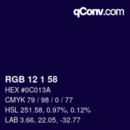 カラーコード: RGB 12 1 58 | qconv.com