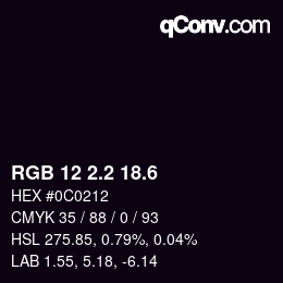 カラーコード: RGB 12 2.2 18.6 | qconv.com