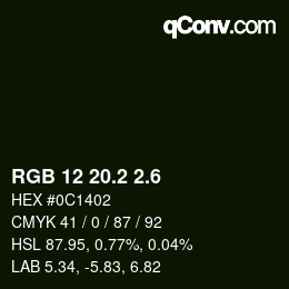 カラーコード: RGB 12 20.2 2.6 | qconv.com