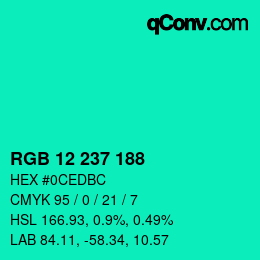 Color code: RGB 12 237 188 | qconv.com