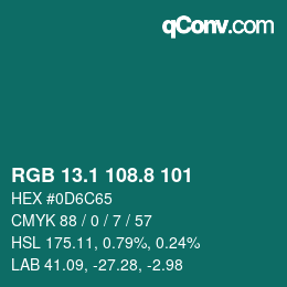 カラーコード: RGB 13.1 108.8 101 | qconv.com