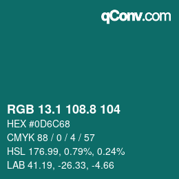 カラーコード: RGB 13.1 108.8 104 | qconv.com