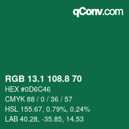 カラーコード: RGB 13.1 108.8 70 | qconv.com