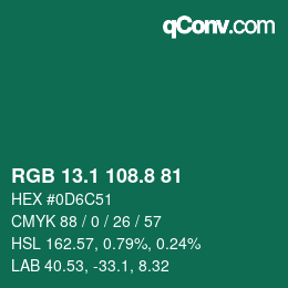 カラーコード: RGB 13.1 108.8 81 | qconv.com