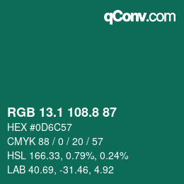 カラーコード: RGB 13.1 108.8 87 | qconv.com