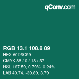 カラーコード: RGB 13.1 108.8 89 | qconv.com