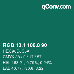 カラーコード: RGB 13.1 108.8 90 | qconv.com