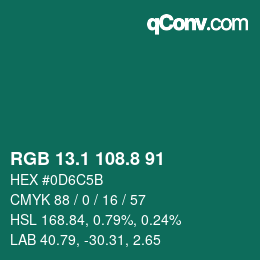 カラーコード: RGB 13.1 108.8 91 | qconv.com