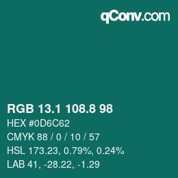 Color code: RGB 13.1 108.8 98 | qconv.com