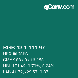 カラーコード: RGB 13.1 111 97 | qconv.com