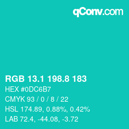 カラーコード: RGB 13.1 198.8 183 | qconv.com