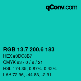 カラーコード: RGB 13.7 200.6 183 | qconv.com
