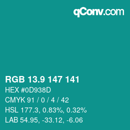 Color code: RGB 13.9 147 141 | qconv.com