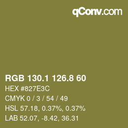 Color code: RGB 130.1 126.8 60 | qconv.com