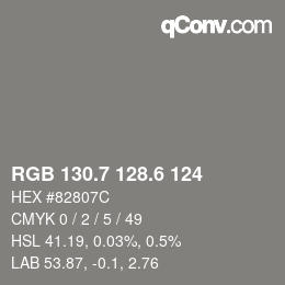 カラーコード: RGB 130.7 128.6 124 | qconv.com