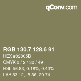 カラーコード: RGB 130.7 128.6 91 | qconv.com