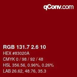 カラーコード: RGB 131.7 2.6 10 | qconv.com