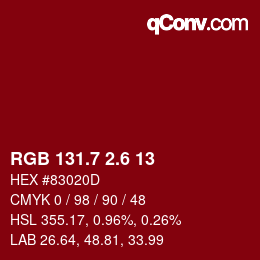 カラーコード: RGB 131.7 2.6 13 | qconv.com