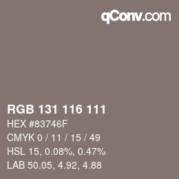 Color code: RGB 131 116 111 | qconv.com